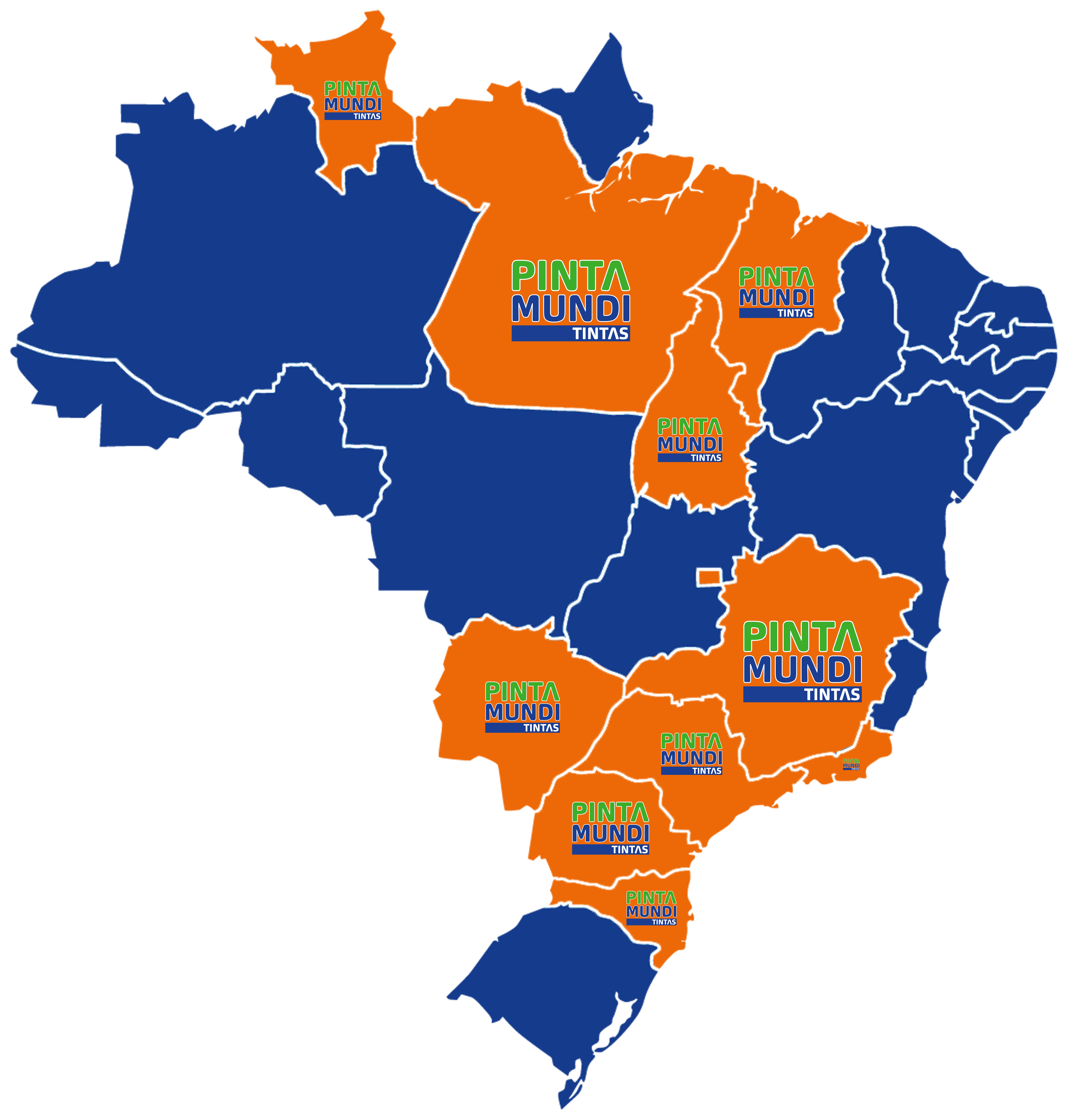 Mapa de atuação da Pinta Mundi Tintas com lojas e franquias distribuídas em diversos estados do Brasil